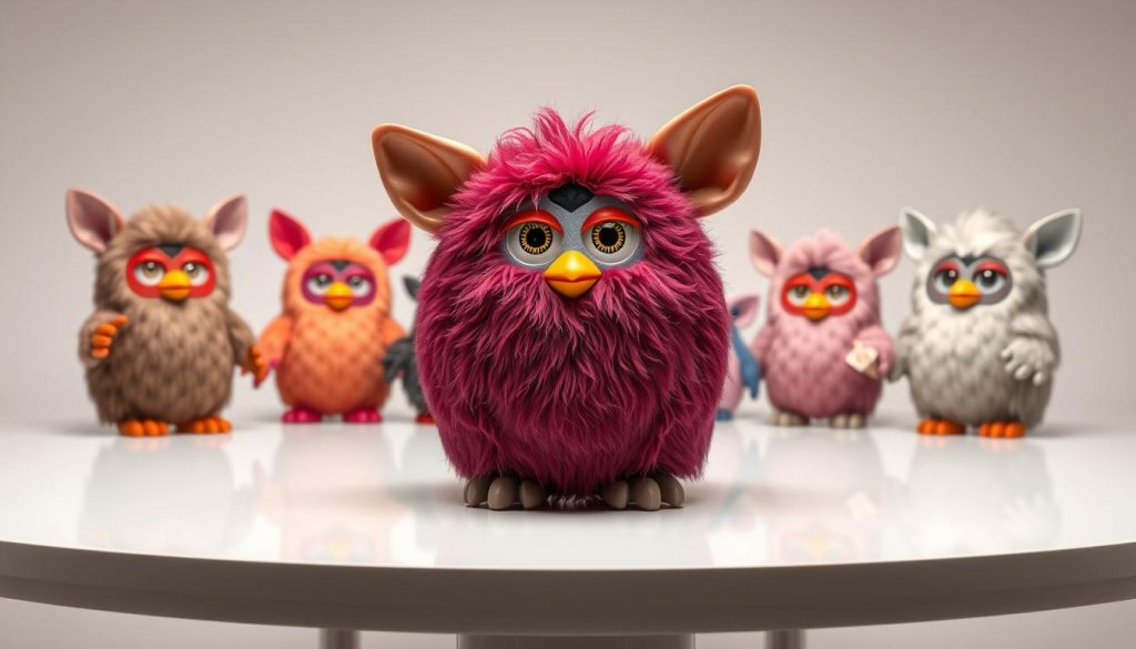 A well-lit studio setting with a centered table showcasing various Furby models from different generations. In the foreground, a modern Furby2024 model is prominently displayed, its power switch and reset button clearly visible. Surrounding it are earlier Furby models, each with their own unique shutdown methods, such as lever switches, sliding panels, and hidden hatches. The table is situated on a reflective surface, creating a sense of depth and balance. The lighting is soft and diffused, highlighting the textures and details of the Furby figures. The background is a neutral, clean backdrop, allowing the Furbys to be the main focus of the image.