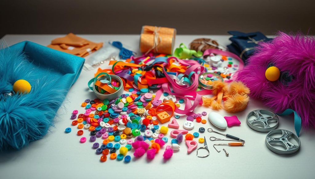 A well-organized table with an assortment of DIY costume materials - vibrant fabrics, colorful ribbons, buttons, sequins, pom-poms, and various sewing notions. The items are illuminated by soft, diffused lighting, creating a warm, inviting atmosphere. The camera angle is slightly elevated, allowing the viewer to see the full layout of the materials. The background is a plain, neutral surface, keeping the focus on the craft supplies. This image captures the essence of creating a unique, handmade Furby costume, providing inspiration and a glimpse into the necessary materials.