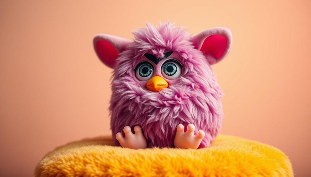 A whimsical Furby Boom sitting atop a plush, brightly-colored cushion, its large expressive eyes gazing contemplatively. The Furby's fur is meticulously groomed, its features conveying a sense of tranquility and contentment. Soft, diffused lighting illuminates the scene, creating a soothing, almost dreamlike ambiance. The background is a warm, pastel gradient, hinting at the Furby's preserved personality and the comfort of its preserved state. The composition is balanced, drawing the viewer's attention to the Furby's endearing presence. An intimate, almost reverential mood pervades the image, capturing the essence of preserving a beloved Furby Boom's cherished personality.