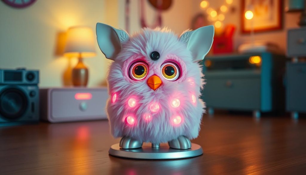 A whimsical Furby Emoto Tronic electronic pet, its large eyes and expressive features illuminated by warm, diffused lighting. The plush, fuzzy body sits atop a sleek, metallic base, seamlessly blending retro charm with modern robotics. In the background, a nostalgic, pastel-hued scene evokes the era of its popularity, with subtle hints of 90s-inspired decor. The overall atmosphere is one of playful wonder, inviting the viewer to reconnect with the beloved Furby Emoto Tronic and the fond memories it evokes.