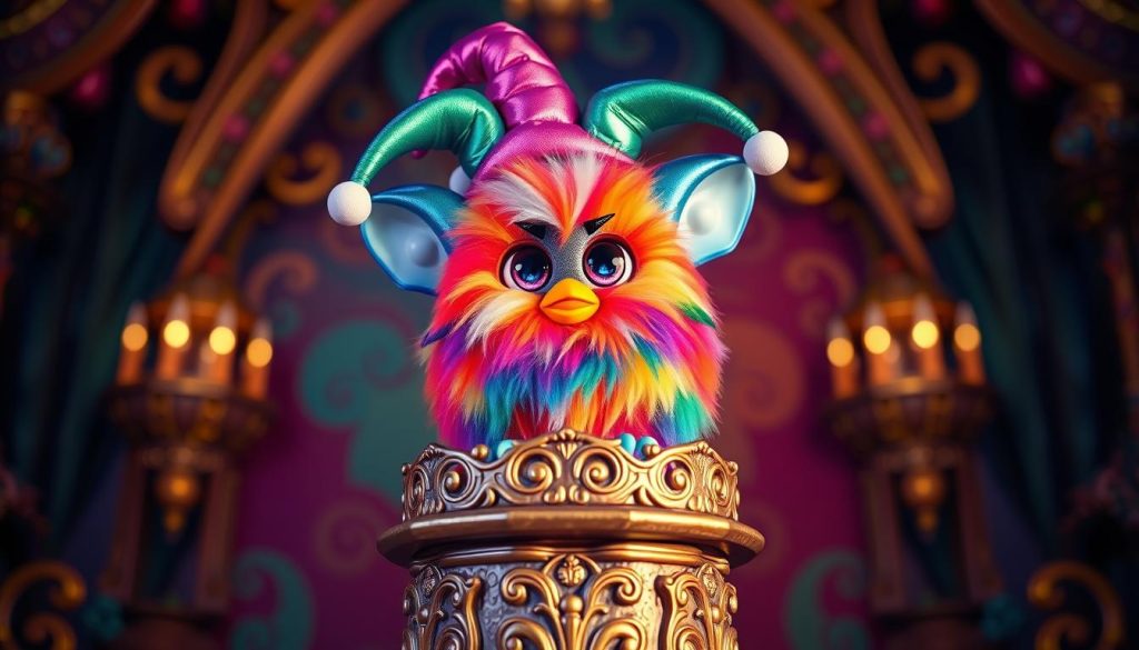 A whimsical Furby Jester figurine with a jester's hat, vibrant colors, and an impish expression. The Furby's plush fur has a shimmering, iridescent quality, reflecting dynamic lighting from multiple angles. It sits atop a detailed, ornate pedestal with intricate carvings, evoking a sense of regality and uniqueness. The background is a rich, jewel-toned environment, suggesting a fantastical, fairy-tale-like setting that complements the Furby's special, magical qualities. Captured with a wide-angle lens to emphasize the Furby's striking presence and the elaborate pedestal. The overall mood is one of enchantment, wonder, and the celebration of the Furby Jester's extraordinary traits.