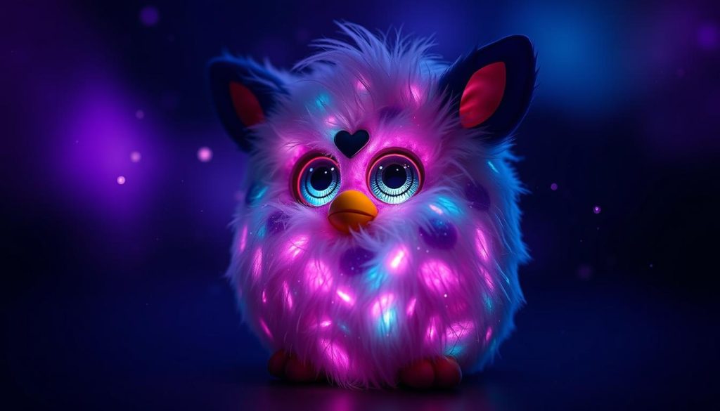 A whimsical Furby figure, its plush body adorned with a mesmerizing galaxy pattern, glowing softly in the dark. The creature's large, expressive eyes peer curiously outward, reflecting the shimmering cosmic dust swirling around it. Vibrant hues of purple, blue, and twinkling stars create a captivating celestial atmosphere, transporting the viewer to a magical realm. Soft, diffused lighting illuminates the Furby's fuzzy texture, evoking a sense of wonder and enchantment. The scene is framed by a minimal, dark background, allowing the Furby Galaxy Edition to be the central focus, shining brightly like a celestial being.