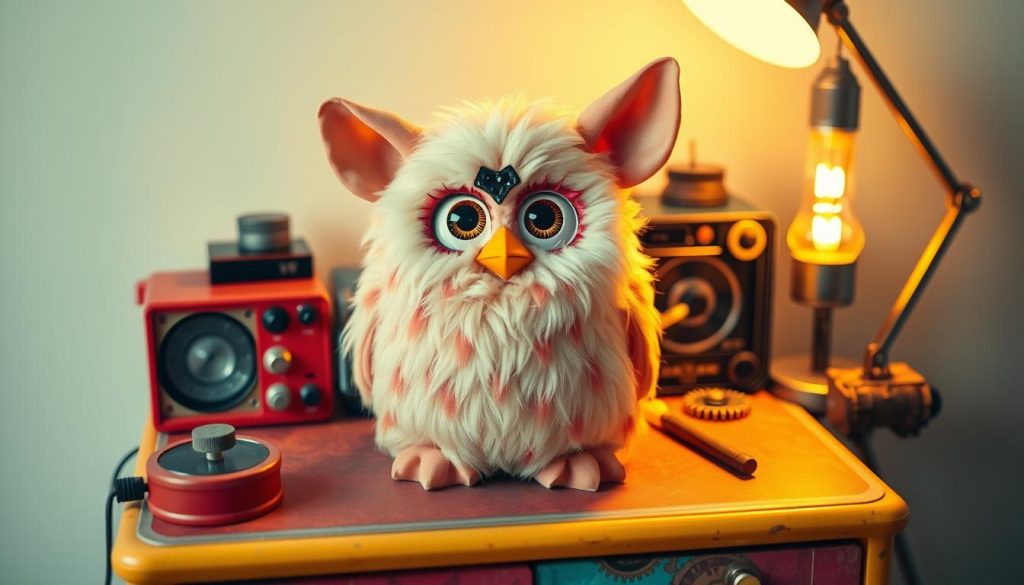 A whimsical Furby, its eyes shining with personality, sits atop a colorful, retro-inspired desk. The Furby's body is rendered in soft, fuzzy textures, as if it were a beloved, well-worn toy. The desk is adorned with vintage electronics, gears, and a warm, glowing lamp, creating a cozy, nostalgic atmosphere. Diffused, golden lighting casts a gentle glow, highlighting the Furby's expressive features and the intriguing array of objects surrounding it. The composition is balanced, with the Furby taking center stage, surrounded by the tools and trinkets that help preserve its unique character, even when powered off.