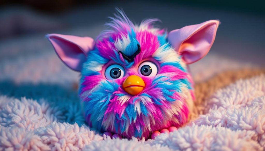 A whimsical Furby plush toy rests on a soft, plush surface, its interactive features prominently displayed. The Furby's large, expressive eyes blink and shift as its furry brow furrows, its mouth opening and closing to emit playful chirps and coos. Vibrant, textured fur covers the Furby's rounded body, inviting tactile exploration. The Furby's ears twitch and rotate, reacting to the observer's movements and sounds. Soft, diffused lighting accentuates the Furby's endearing features, creating a sense of warmth and magic. The composition places the Furby in the center, allowing its interactive capabilities to take center stage. An atmosphere of nostalgia and whimsy permeates the scene, capturing the enduring charm of this beloved toy.