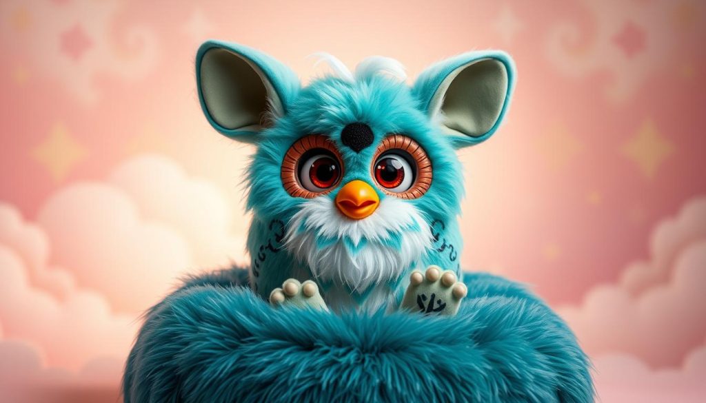 A whimsical and endearing Furby Tattletail companion sits atop a plush, teal-colored cushion. Its round, expressive eyes gaze warmly at the viewer, its fuzzy teal and white body adorned with intricate tattoo-like markings. The Tattletail's oversized ears twitch attentively, capturing the slightest sounds. Soft, diffused lighting from an unseen source casts a gentle glow, highlighting the creature's cuddly, approachable demeanor. The background is a serene, pastel-hued dreamscape, with wispy clouds and subtle geometric patterns, creating a sense of playful imagination. This Furby Tattletail radiates a comforting, loyal presence, ready to be a beloved companion.