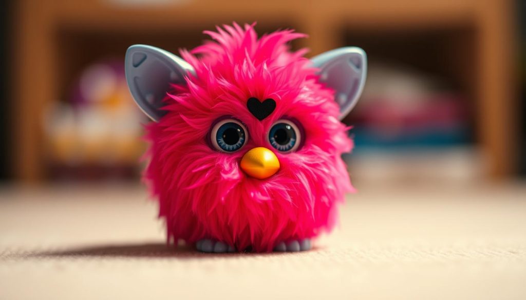 A whimsical and vibrant Furby Mini figurine, with its large, expressive eyes and plush, textured fur coat. The Furby Mini is positioned in the foreground, capturing the viewer's attention. The lighting is soft and diffused, creating a warm, friendly atmosphere. The background is out of focus, allowing the Furby Mini to be the sole focus of the image. The Furby Mini is captured from a slightly low angle, giving it a sense of playfulness and approachability. The image showcases the unique features of the Furby Mini, such as its compact size, distinctive facial features, and charming, interactive personality.