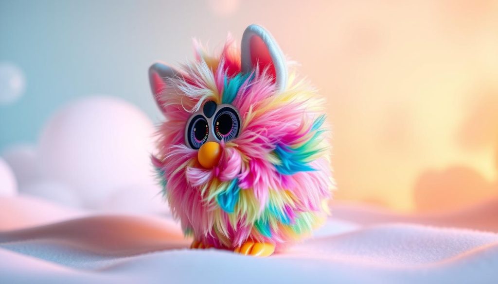 A whimsical and vibrant Furby, its soft fur shimmering with a rainbow of colors. The plush creature is posed in a playful, dynamic stance, its large expressive eyes filled with a sense of wonder. Soft, diffused lighting illuminates the Furby from the side, creating depth and dimension. The background is a dreamlike, pastel-hued landscape, with swirling clouds and a faint gradient that complements the Furby's palette. The overall aesthetic is charming, imaginative, and perfectly captures the essence of the beloved Furby Rainbow edition.