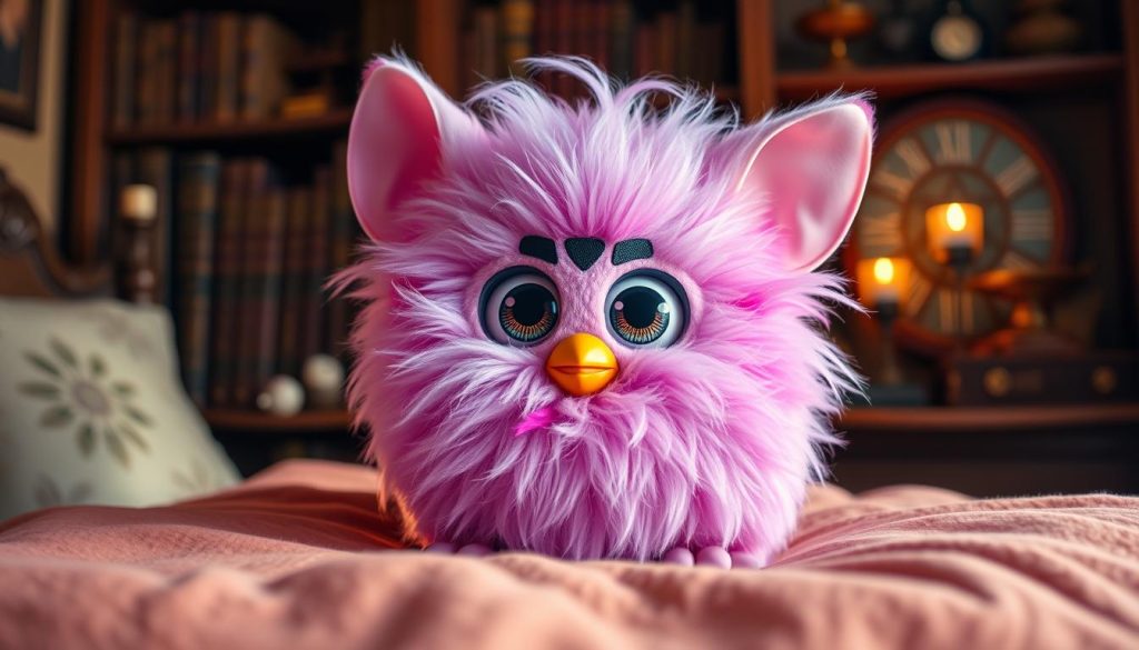 A whimsical baby Furby with large, expressive eyes and a mischievous grin, its fluffy fur coat in vibrant shades of pink and lavender. The Furby Tattletail sits atop a soft, plush bed, surrounded by a cozy, vintage-inspired bedroom setting, with warm, golden lighting highlighting its unique features. Bookshelf in the background, filled with mysterious tomes and trinkets, hinting at the Furby's hidden depths. The scene conveys a sense of playful, supernatural wonder, inviting the viewer to uncover the secrets and quirks of this captivating Furby breed.
