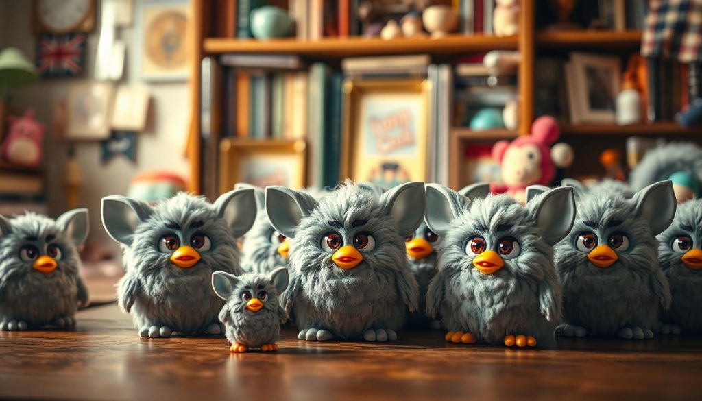 A whimsical collection of gray Furby figurines gathered in a cozy home setting, bathed in warm, soft lighting. The plush, round creatures sit atop a wooden table, their large eyes and expressive faces conveying a sense of playful curiosity. In the background, a bookshelf lined with various Furby-related memorabilia and accessories creates a nostalgic, collector's atmosphere. The image captures the endearing charm and enduring appeal of the iconic Furby gray, inviting the viewer to discover its fascinating history and quirky characteristics.
