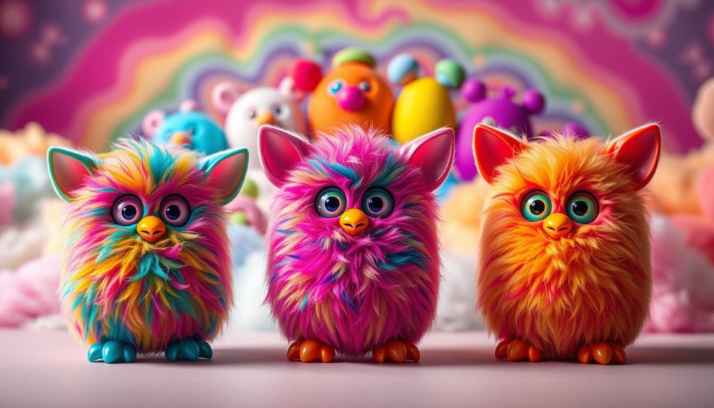 A whimsical evolution of the iconic Furby creature, rendered in a vibrant rainbow of hues. In the foreground, a trio of Furbies in varying stages of their colorful transformation, their soft fur shimmering with iridescent shades. The middle ground features a kaleidoscopic array of Furby shapes and patterns, each one a unique blend of vivid tones. The background conjures a dreamlike landscape, with swirling clouds of color and a sense of magical, ever-changing energy. Lit by a warm, diffused light, the scene conveys a sense of playful wonder and the enchanting metamorphosis of these beloved toy creatures.