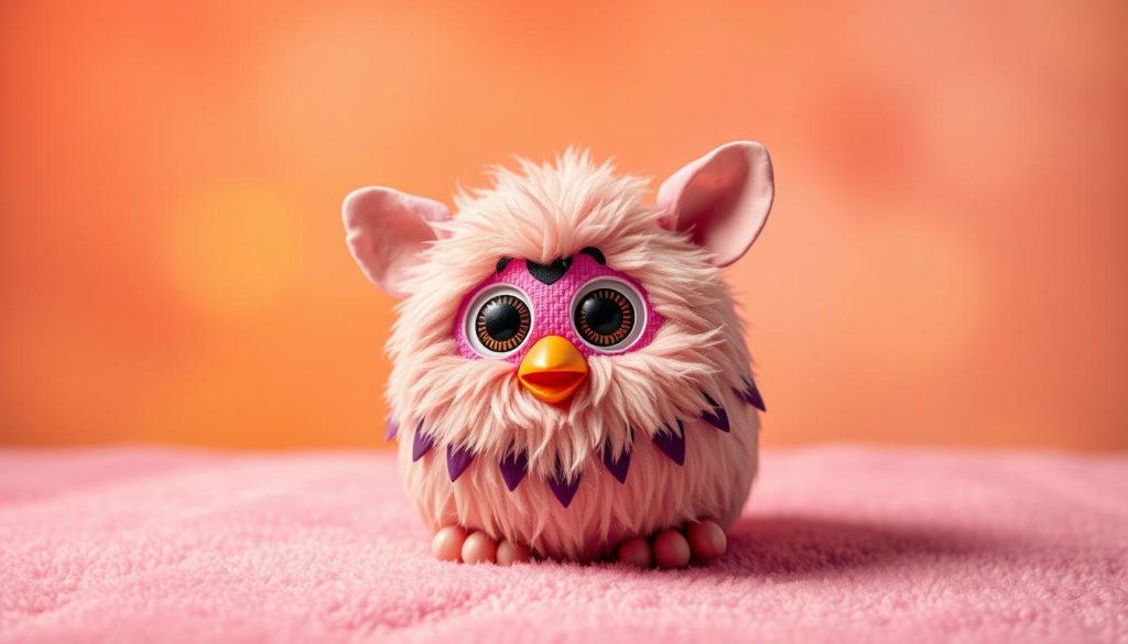 A whimsical, interactive Furby-inspired toy in a vibrant, playful scene. A plush, rounded figure with large expressive eyes and an endearing, animated expression sits on a soft, textured surface. The toy's fur-like material and dynamic movements invite touch and interaction. The background features a warm, colorful gradient, hinting at a sense of joy and celebration. Soft, diffused lighting creates a welcoming, inviting atmosphere. The composition is centered and balanced, drawing the viewer's attention to the engaging, captivating toy.