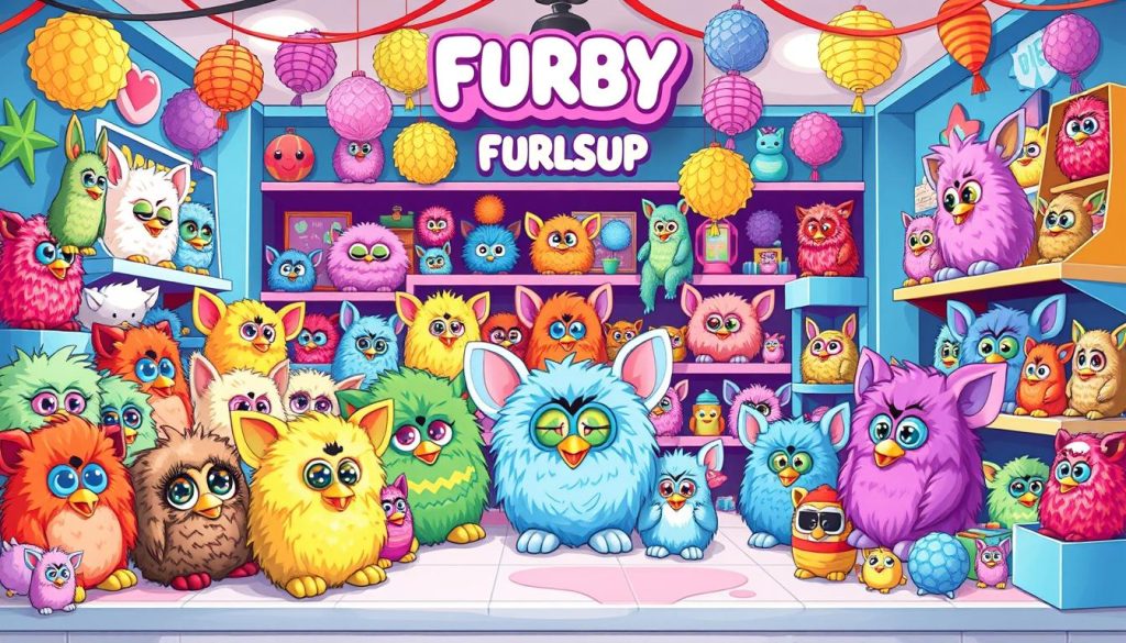 An image of a Furby toy shop with various Furby models on display