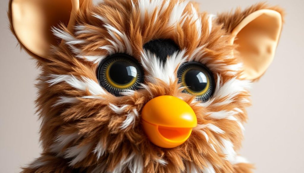 Detailed close-up view of a 1998 Furby toy with its distinctive large eyes, fuzzy brown and white fur, pointed ears, and button nose. The Furby is captured in natural lighting, showcasing its textured plush body and articulated features. The camera angle is slightly elevated to emphasize the charming, expressive expression of the Furby. The background is a soft, neutral studio setting that allows the Furby to be the central focus of the image, highlighting its iconic 90s design and nostalgic appeal.