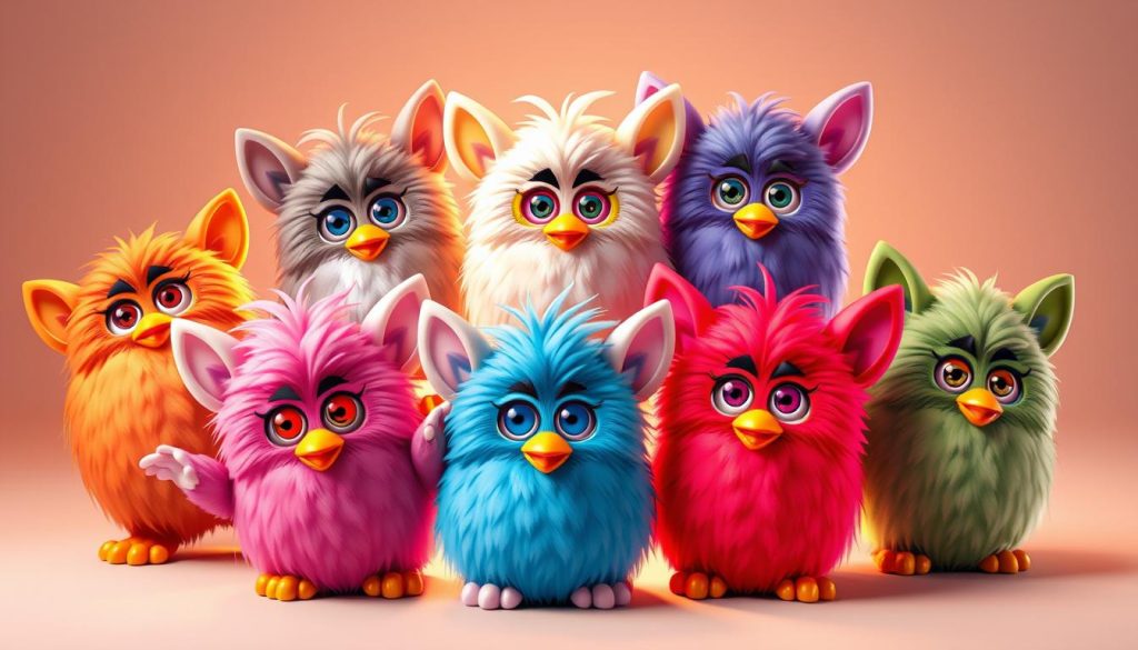Furby 2012 personalities: Six vibrant and expressive Furby creatures, each with its own distinct character and flair. They are arranged in a visually compelling composition, bathed in soft, warm lighting that highlights their fluffy, multi-colored fur and endearing features. The Furbies are posed in a playful, dynamic manner, capturing their unique personalities - from the mischievous and curious to the shy and contemplative. The background is a neutral, minimalist setting that allows the Furbies to take center stage, showcasing their individual charm and the diversity of the 2012 Furby line. Rendered in a delightfully stylized, cartoon-like aesthetic that captures the whimsical spirit of these beloved toys.
