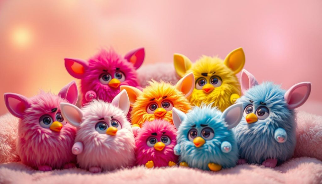 Furby Furblings: a whimsical gathering of colorful, playful creatures with soft, plush bodies and expressive, big eyes. They are nestled in a cozy, pastel-hued environment, bathed in warm, diffused lighting that highlights their fuzzy textures. The Furblings are arranged in a dynamic, organic composition, some standing upright, others curled up or resting, conveying a sense of joyful, interactive energy. The background features gentle gradients and subtle, dreamlike elements that evoke a sense of imagination and wonder, setting the stage for the charming, interactive Furby Boom Furbling experience.