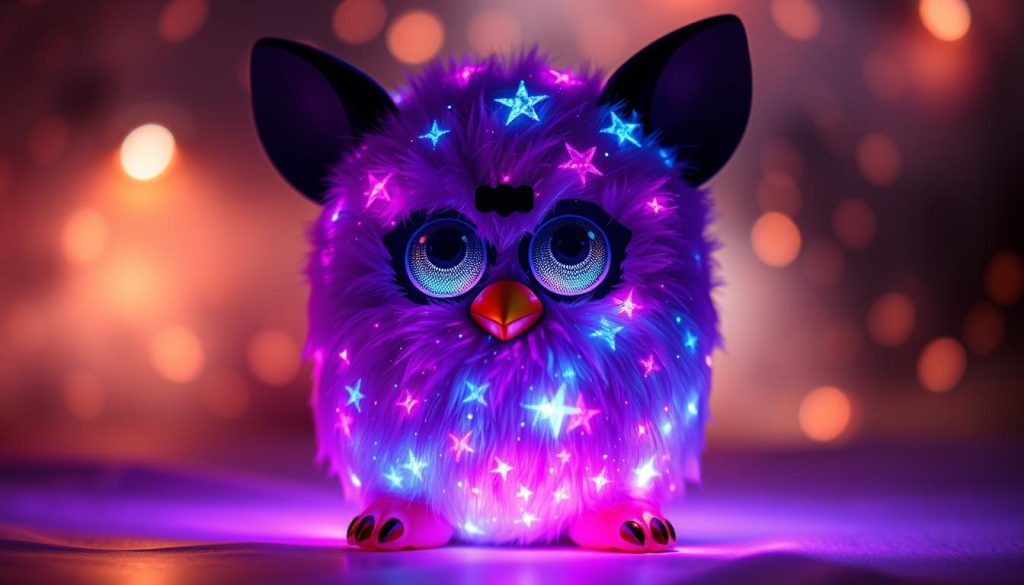 Furby Galaxy Edition, a mesmerizing fusion of cosmic charm and interactive delight. A captivating creature with a celestial glow, its plush body shimmers with a galaxy of stars, each one a unique point of light. Luminescent fur dances with an otherworldly energy, creating an enchanting display as the Furby moves and interacts. Designed with a sleek, futuristic aesthetic, this Furby embodies the wonder and mystery of the universe, inviting its owner to embark on a galactic adventure of play and discovery. Subtle textures and intricate details elevate this Furby to a realm of enchantment, blurring the lines between the tangible and the ethereal.