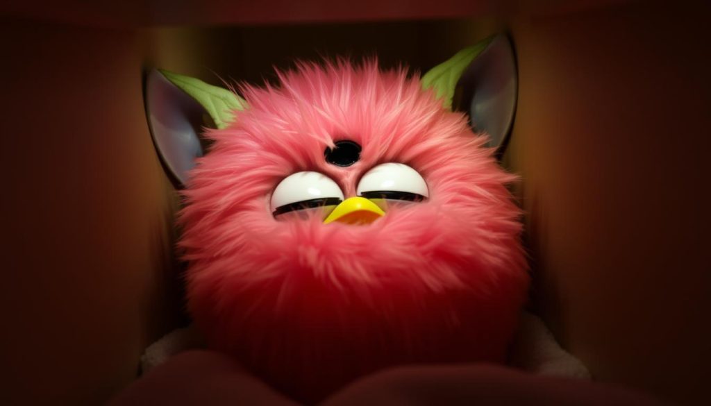Furby2012 sleep mode: A fluffy, round creature nestled in a cozy nook, its vibrant fur dulled to a soft, muted hue. Gentle lighting casts a warm, ambient glow, creating a serene atmosphere. The Furby's eyes are partially closed, its body relaxed and at rest, conveying a sense of tranquility. The scene is captured from a slightly elevated angle, highlighting the Furby's compact, snug resting place. The background is simple and uncluttered, allowing the focus to remain on the Furby's peaceful state of being.