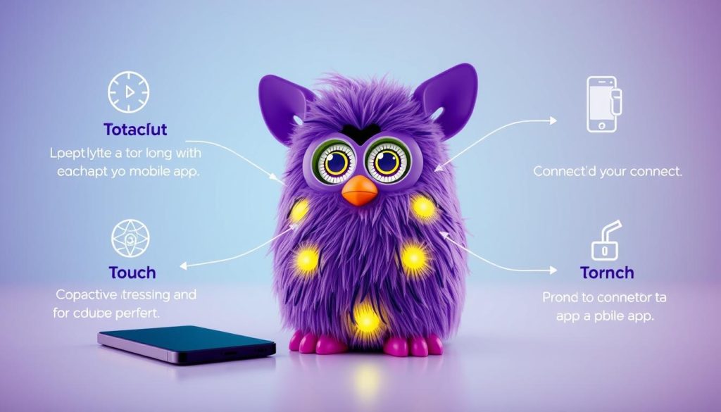 Generate an image of Furby Connect Purple with its interactive features highlighted.
