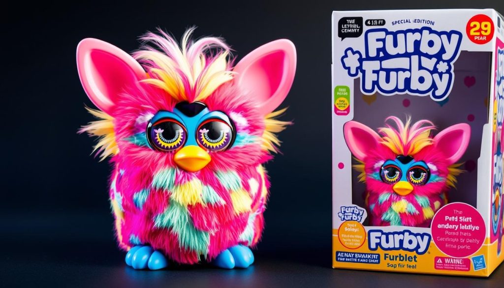 Generate an image of a special edition Furby Furblet with unique design and packaging.