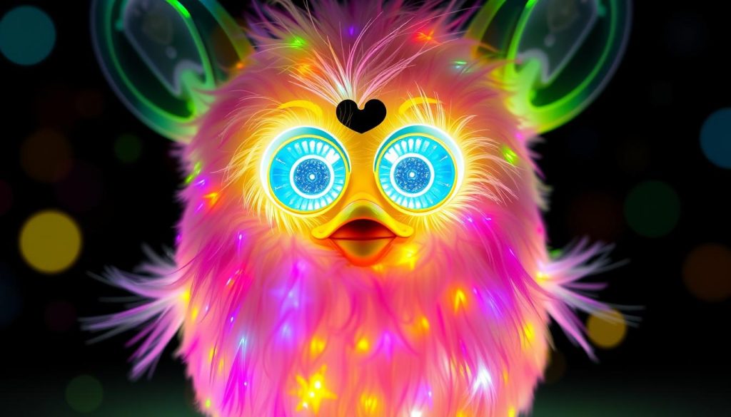 Generate an image of the Furby Galaxy Edition with its glow-in-the-dark feature highlighted.