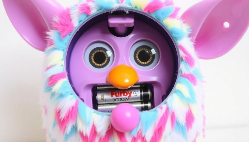 Image of a Furby Boom with a battery compartment open