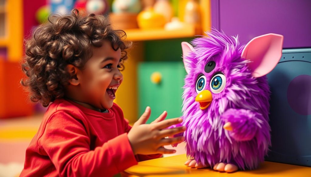 Image of a child interacting with their Furby using voice commands