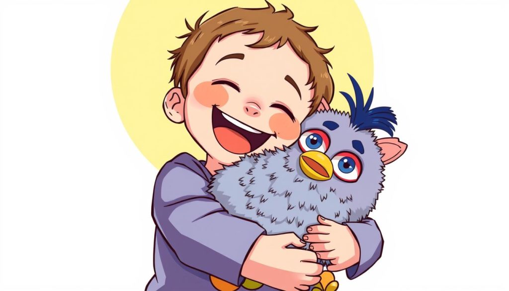 Image of a happy child hugging a Furby plush toy