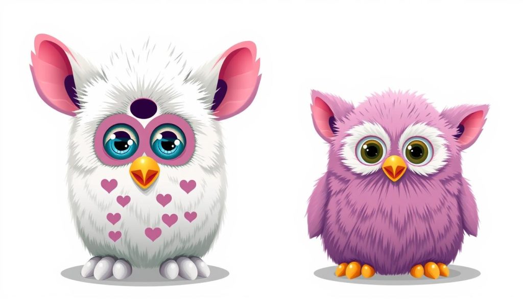 Image of a vintage Furby toy next to a modern Furby, showcasing their evolution.