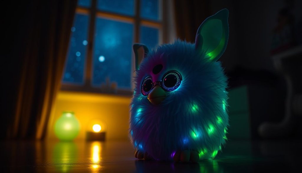 a dimly lit room, with a Furby Galaxy Edition toy in the foreground, its eyes and fur glowing softly with a mesmerizing bioluminescent effect. Highlights of neon greens and blues dance across its surface, creating an otherworldly, mystical atmosphere. The room is filled with a warm, diffuse light, as if illuminated by celestial bodies. In the background, a starry night sky is visible through a window, adding to the cosmic, dreamlike ambiance. The toy is positioned at a slight angle, capturing its enchanting features from an intriguing perspective. Overall, the image conveys a sense of wonder, enchantment, and the delightful glow-in-the-dark magic of the Furby Galaxy Edition.