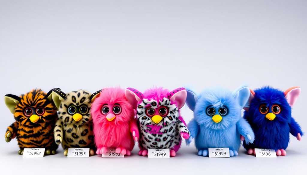 Comparison of different 1998 Furby color variations showing price differences