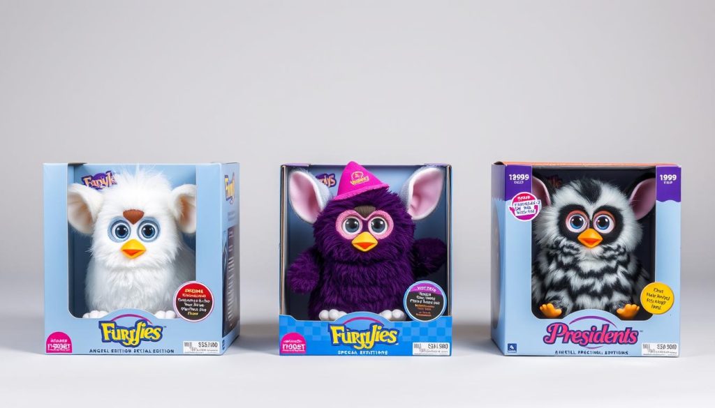 Comparison of original packaging for different special edition Furbies showing price variations