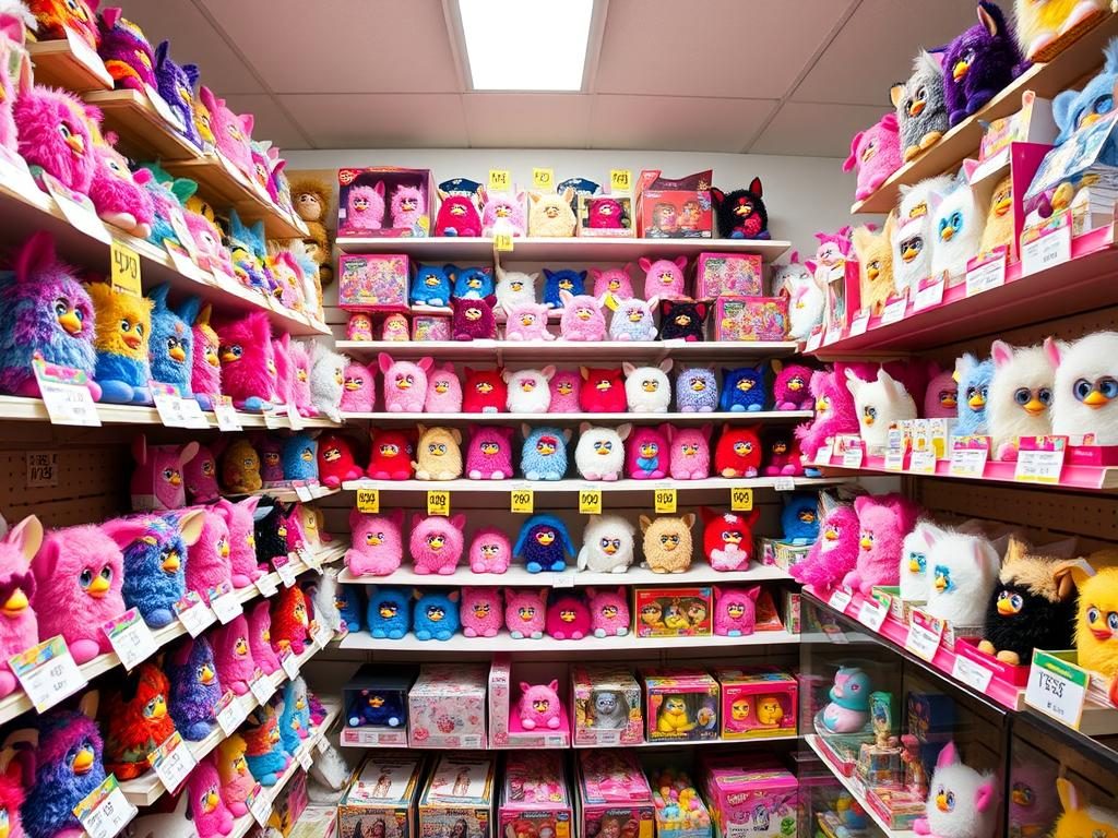 Display of 1998 Furbies at Furby Toy Shop with price tags