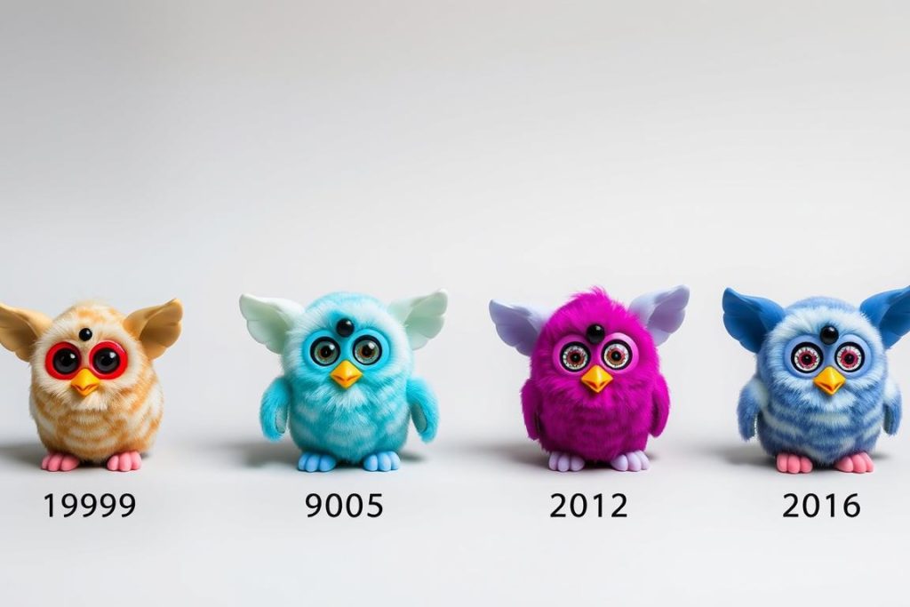 Evolution of Furby models from 1998 to 2016 showing design changes