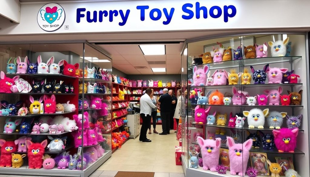 Furby Toy Shop storefront with extensive 1998 Furby collection display