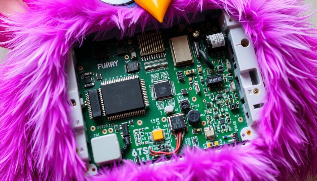 Internal components of an original Furby showing technology