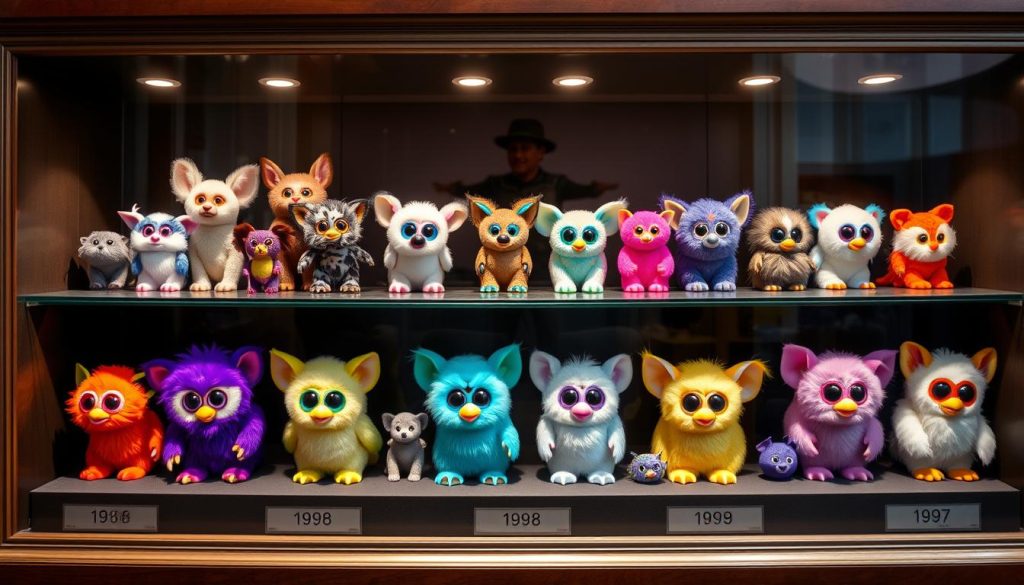 Modern Furby collection display showing 1998 original Furby worth in a collector's showcase
