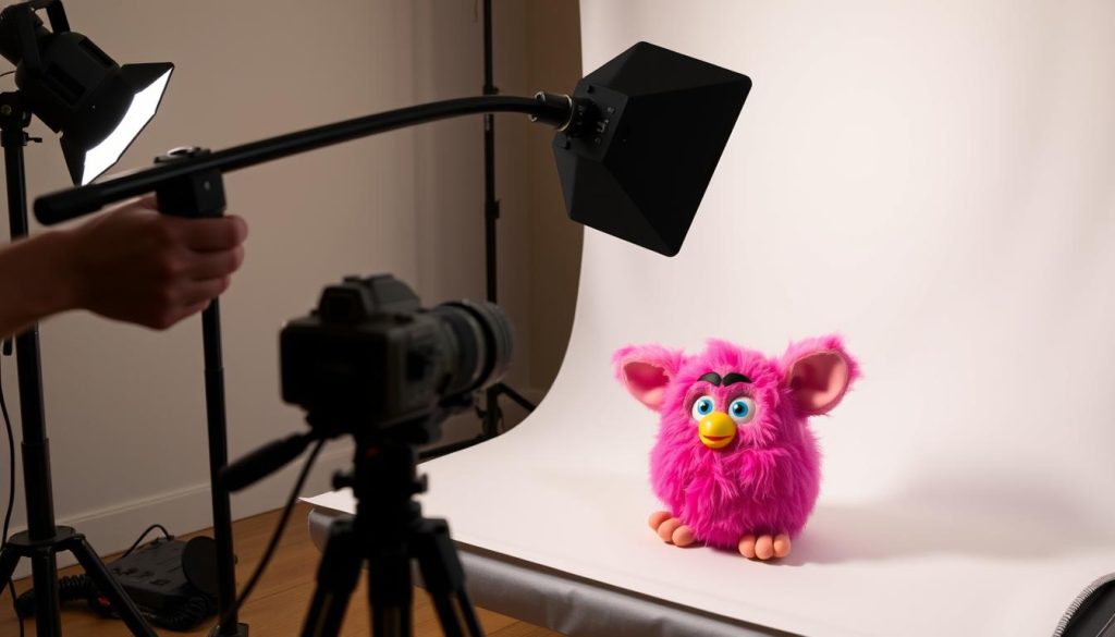 Professional photography setup for selling a 1998 Furby online