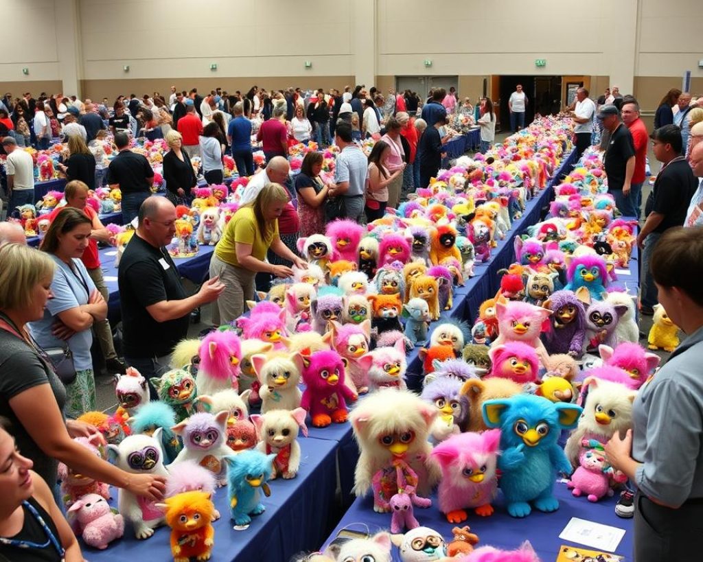 1998 Furby collector convention with displays and enthusiasts