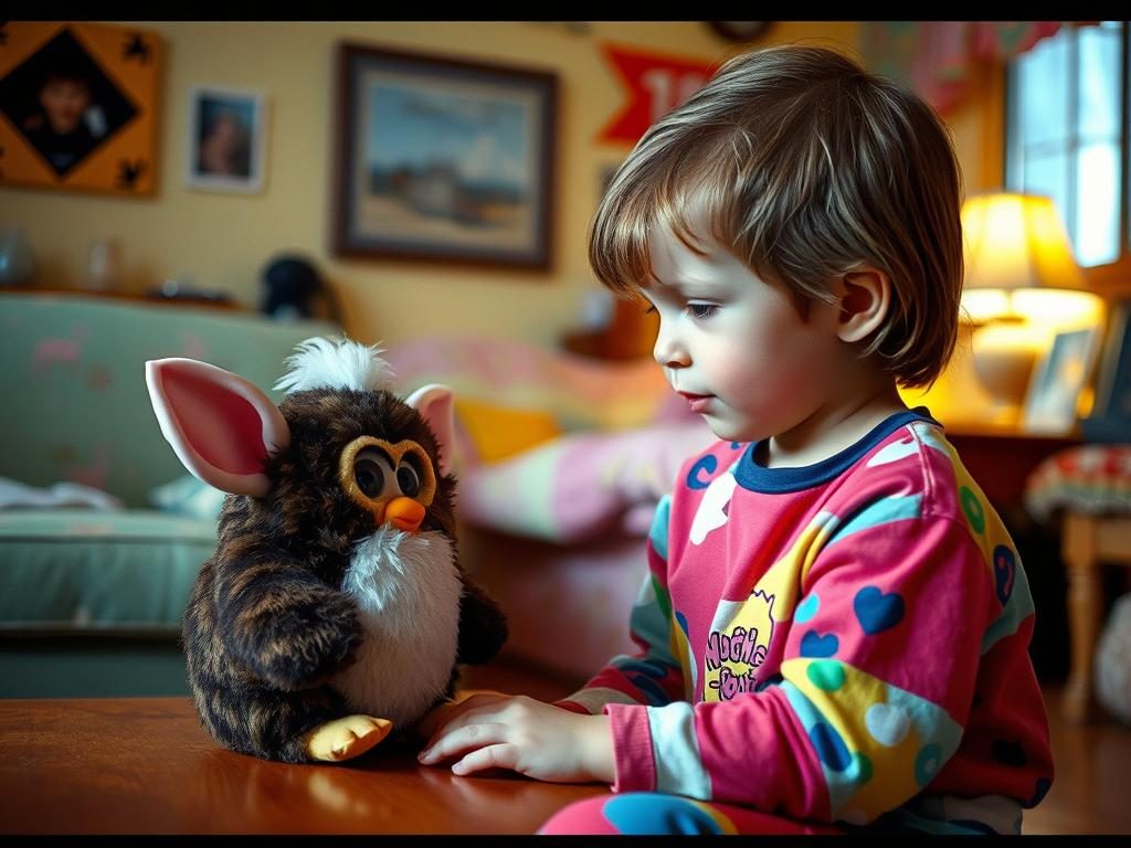 A child playing with a 90s Furby toy, demonstrating the interactive nature that made Furbies so popular
