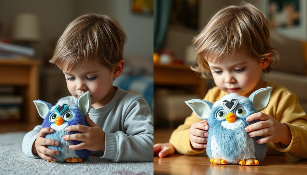 Child from 1998 and modern child playing with original Furby