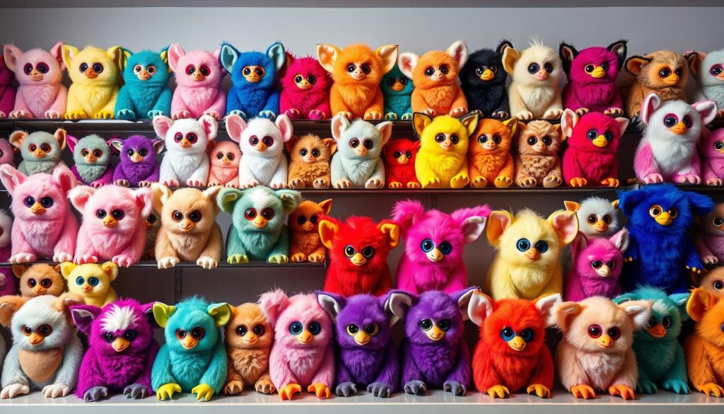 Collection of different colored 90s Furbies showing the variety of designs available