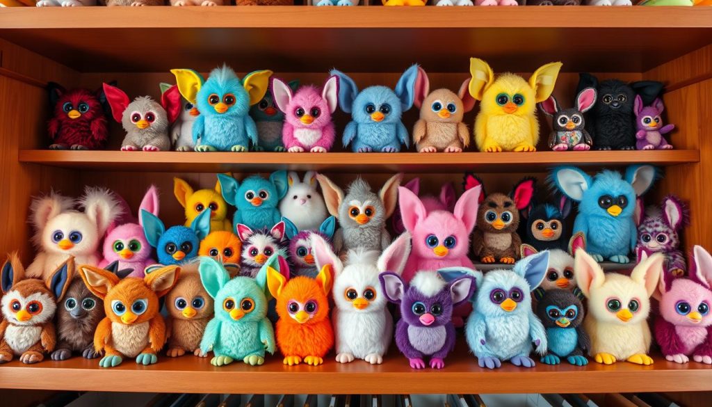Collection of original Furbies from different special editions displayed on shelf