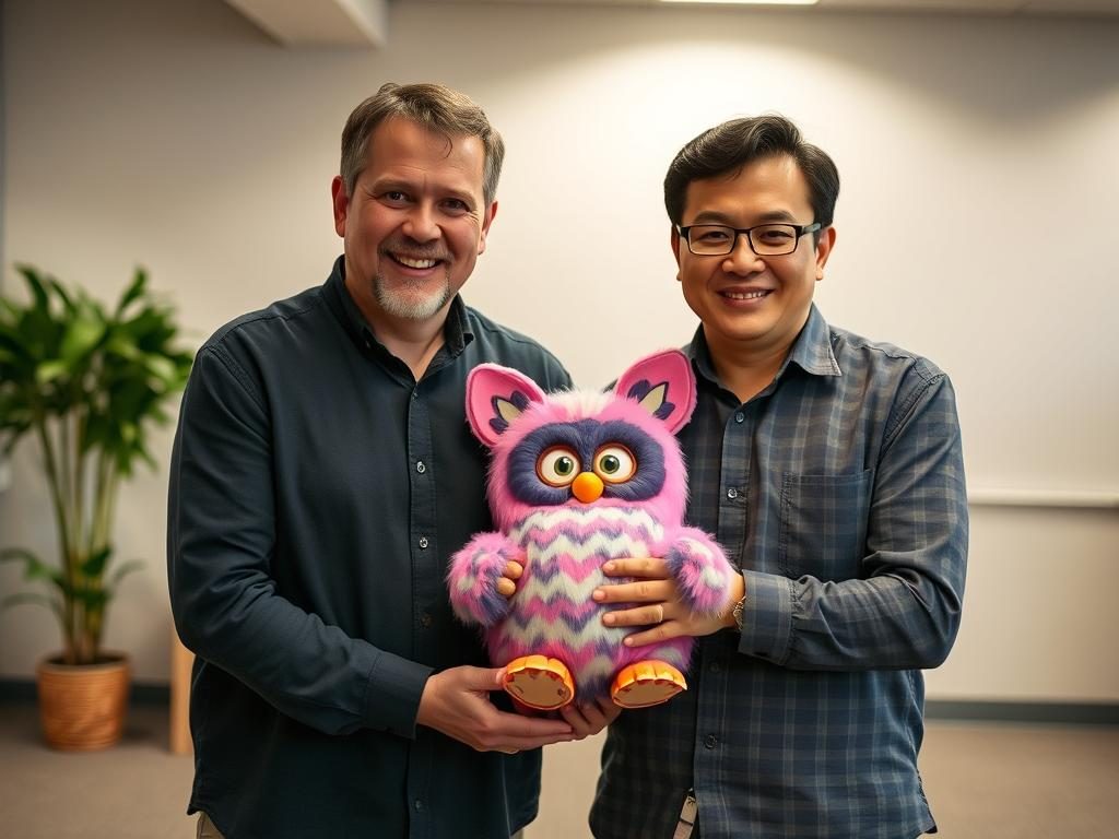 Dave Hampton and Caleb Chung with original 1998 Furby prototype