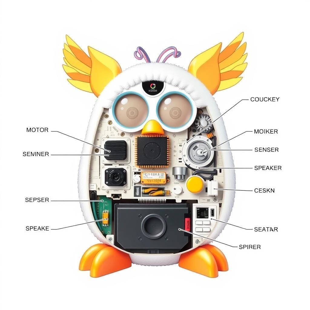 Diagram showing the internal components of a 90s Furby with labeled parts