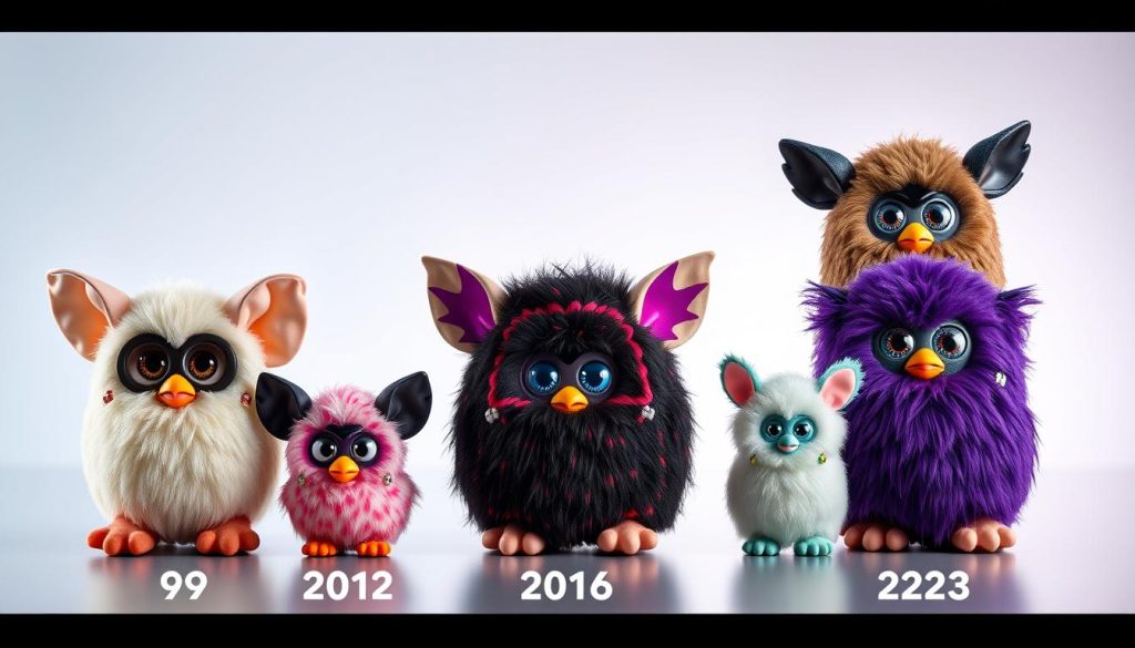Modern and vintage Furbies displayed together showing the evolution of the iconic toy