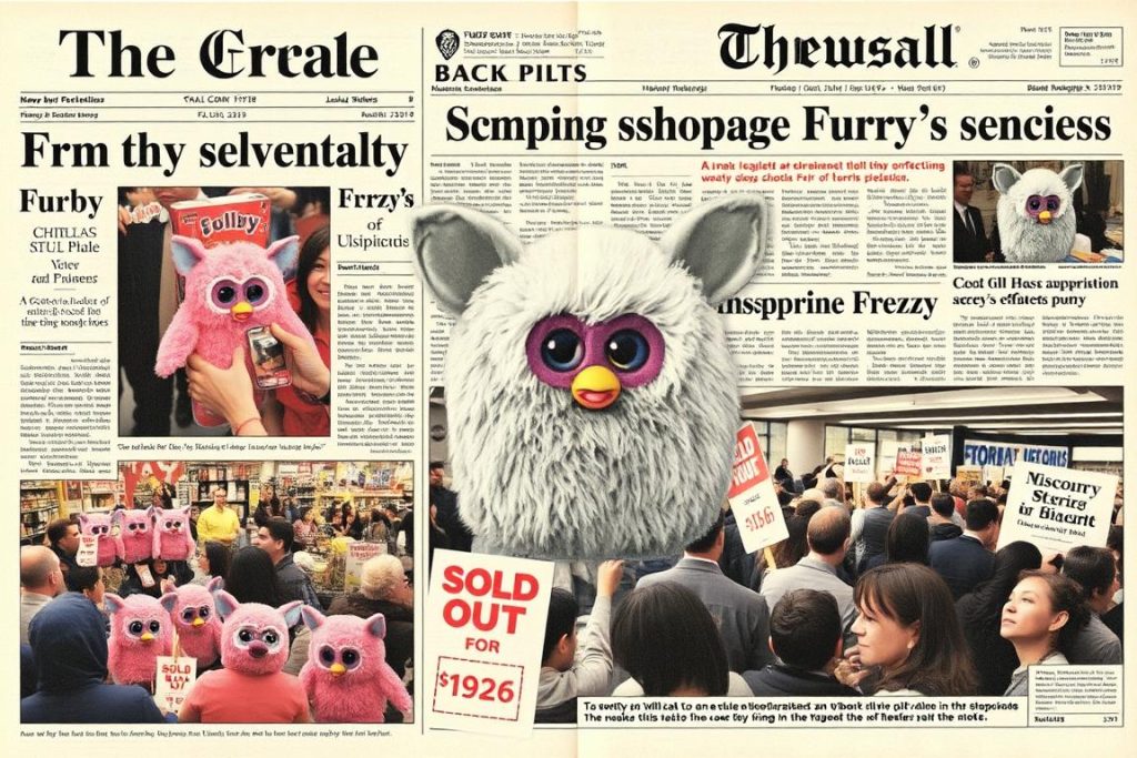 Newspaper headlines about 1998 Furby shopping frenzy