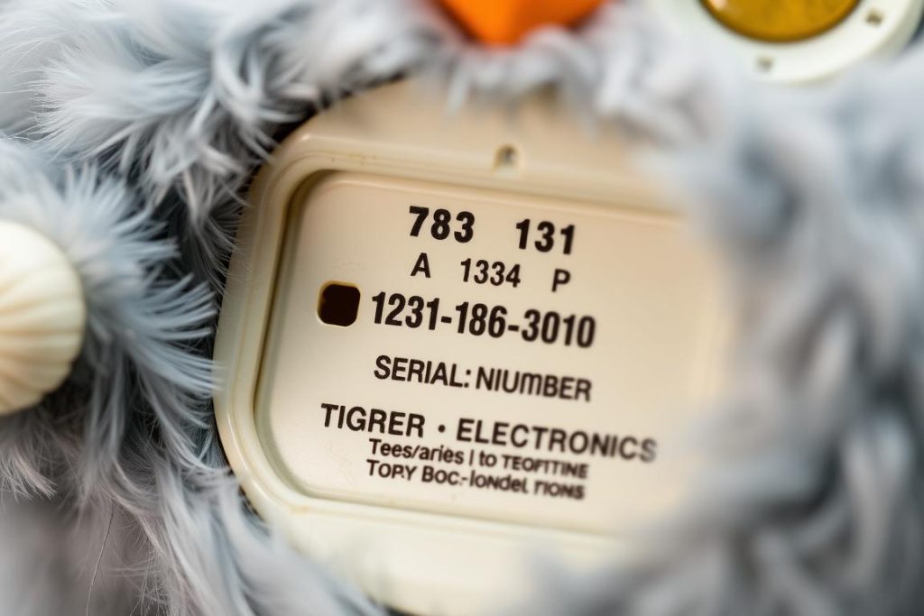 Original Furby with battery compartment open showing where to check for authenticity marks