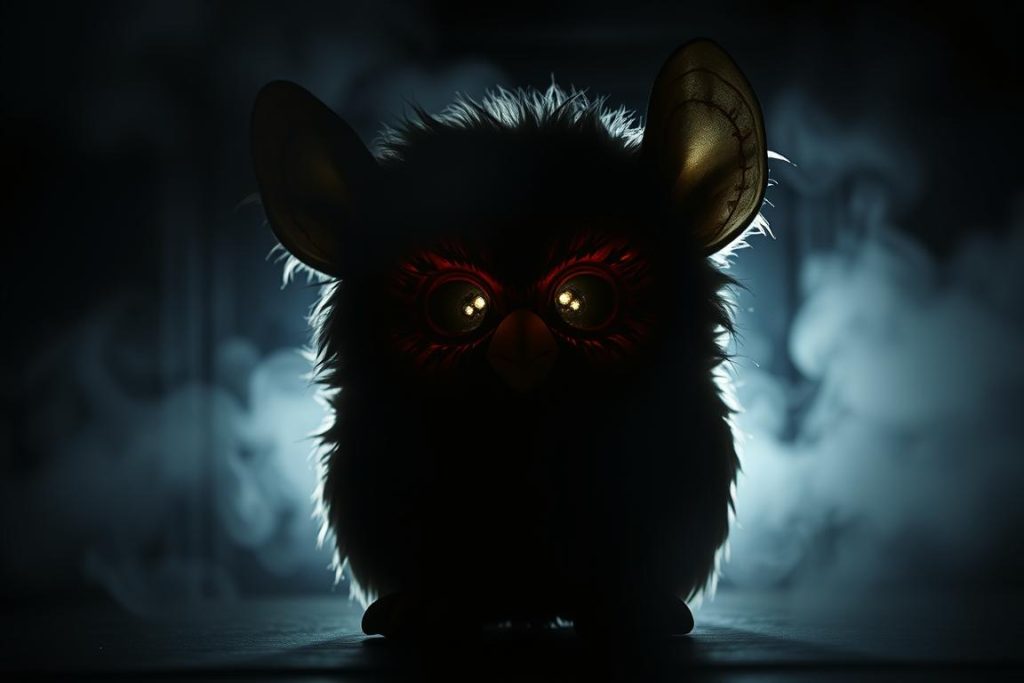 Original Furby with glowing eyes in dark setting, representing the 'nightmare fuel' reputation