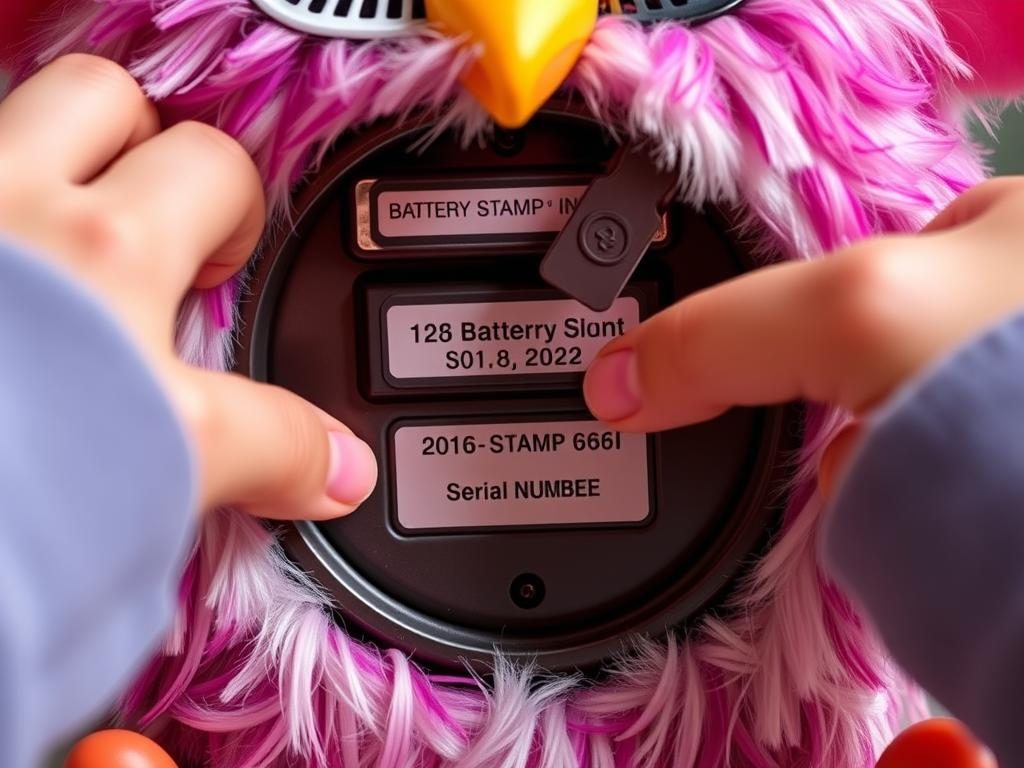 Person examining an original Furby for authenticity markers