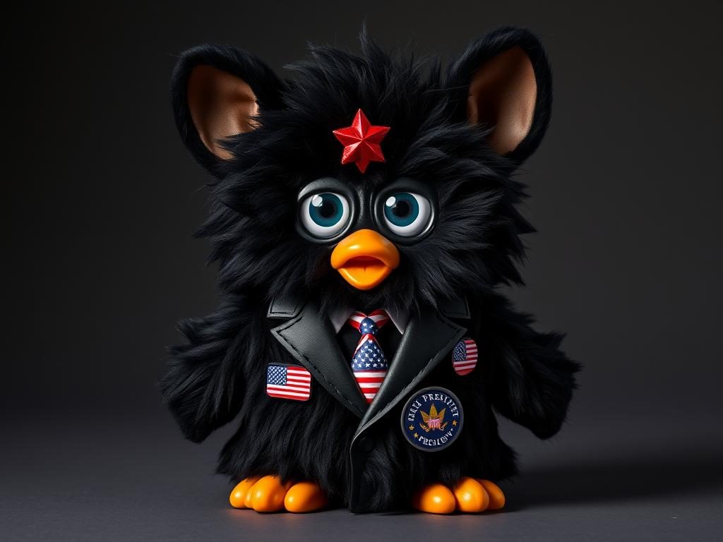 President Furby wearing a black suit with patriotic badges